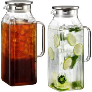 2 Pack 2 Liter/68 oz Square Glass Pitcher with Lid, Classic Stripes Water Pitchers with Handle for Fridge, Large Jug for Iced Tea, Coffee, Borosilicate Glass Carafe for Hot/Cold Brew Drink, Silver