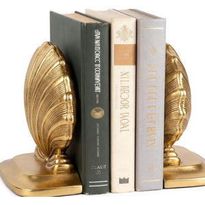 Decorative Shell Bookends, Coastal Nautical Book Ends for Shelves Desk, Resin Seashell Book Ends for Home Office Living Room Beach Decor (Gold)