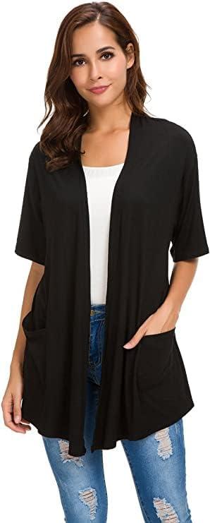 ADANIKI Womens Short Sleeve Open Front Lightweight Casual Comfy Long Line Drape Hem Soft Modal Cardigans Sweater (XS, Black)