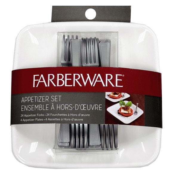 Faberware Appetizer Set 24 Gray Plastic Forks 4 White Plastic Square Plates