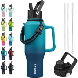 BJPKPK Insulated Water Bottles with Straw Lid, 35oz Metal Water Bottle with 2 lids & Paracord Strap, Double Wall Stainless Steel Tumbler with Handle, Reusable Cups, Mugs, Thermo, Sea