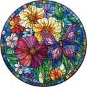 Stained Glass Flower Butterfly Puzzle for Adults 1000 Pieces, Round Mosaic Art Jigsaw Puzzle, Colorful Floral Puzzle