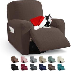 JIVINER 3 Piece Recliner Chair Cover Stretch Lazy Boy Non Slip Covers for Recliner with Pockets Soft Jacquard Reclining Sofa Slipcovers Furniture Protector with Elastic Bottom (1 Seater, Coffee)