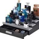 Perfume Organizer for Men, 4 Tier Wood Perfume Display Stand with Velvet Lining Drawer and Hidden Compartment for Watch,Jewelry,Perfume Display Risers,A Gift for Men (Black+Gray)