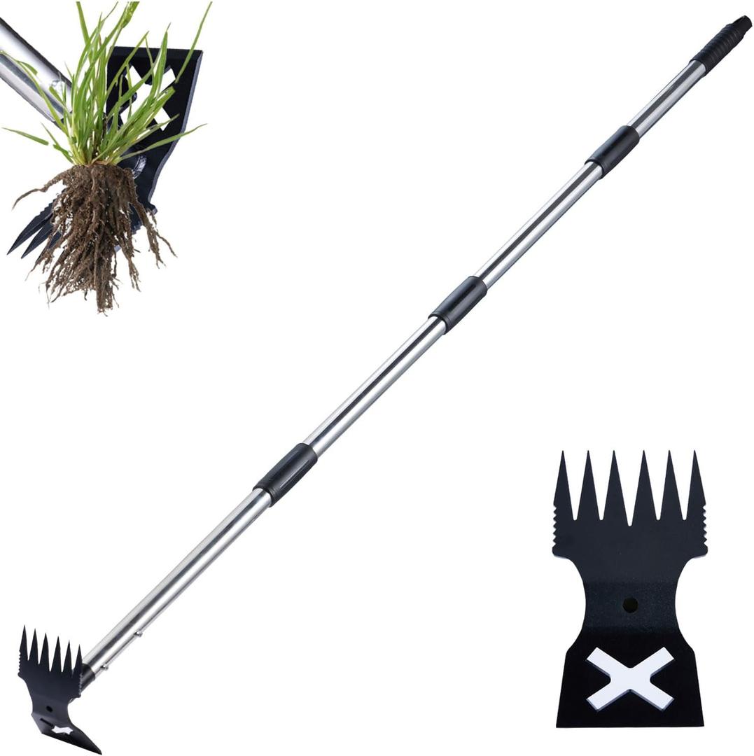 NICOFPHY Weed Puller Tool with Long Handle - 60" Manual Weeder Remover Tool, 2 in 1 Hand Weed Rake and Garden Hoe for Gardening, Heavy Duty Uprooting Weeding Pull for Yard, Lawn, Patio and Garden