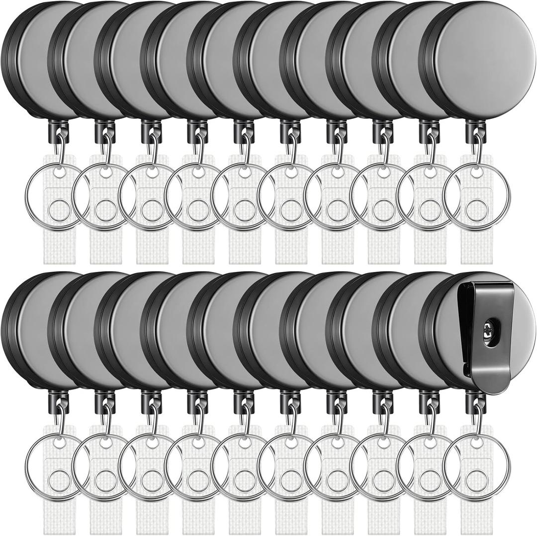 20 Pack Heavy Duty Retractable Badge Holder Reel Metal ID Badge Holder with Belt Clip Keyring Retractable Clip Bulk Card for Work Employee Doctor Nurse Gifts (Glossy Grey)