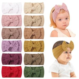 jollybows 12pcs Baby Girls Nylon Headband with Bow Newborn Hairbands Infant Hair Bow Elastics Handmade Hair Accessories for Toddlers Kids (Light Color)