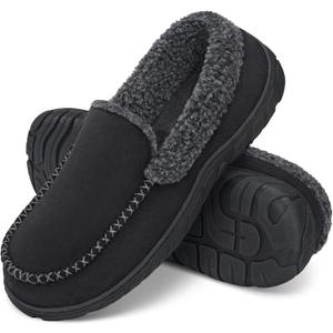 ATHMILE Men's Moccasin House Slippers, Memory Foam Arch Support, Plush Fuzzy Lining, Non-Slip Rubber Sole for Indoor/Outdoor Winter Comfort (9, Black)