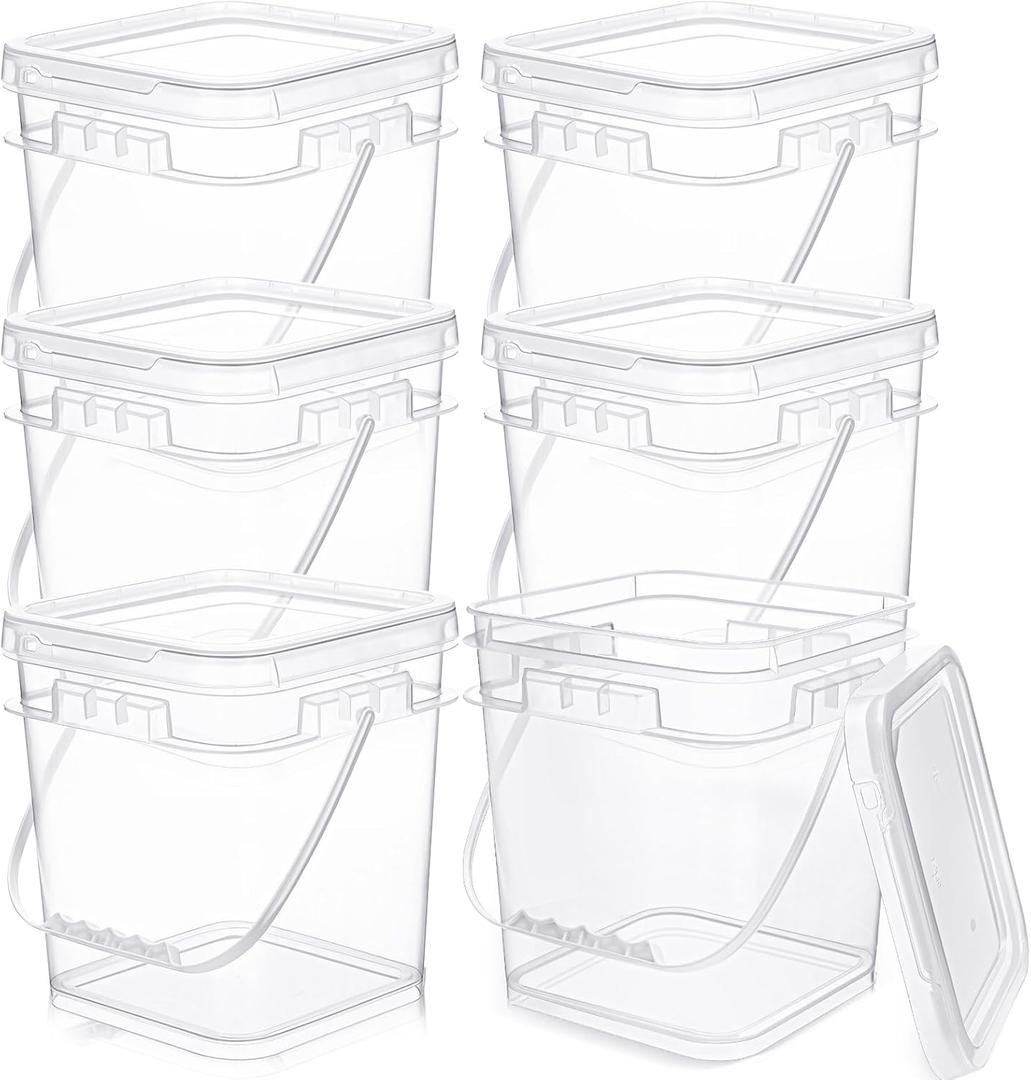 Domensi 6 Pcs Clear Square Bucket with Lid Food Ice Cream Plastic Buckets with Handle Reusable Freezer Containers Industrial Pails for Paint Storage for Kitchen Home(1.5 Gallon)