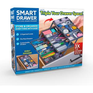 Ontel Smart Drawer Organizer - Multi-level Jewelry Holder, Cosmetics Organizer, or Office Drawer Organizer with Adjustable Dividers for Organization and Storage, Fits Drawers 9.5"W x 7.5"L x 2.75"D