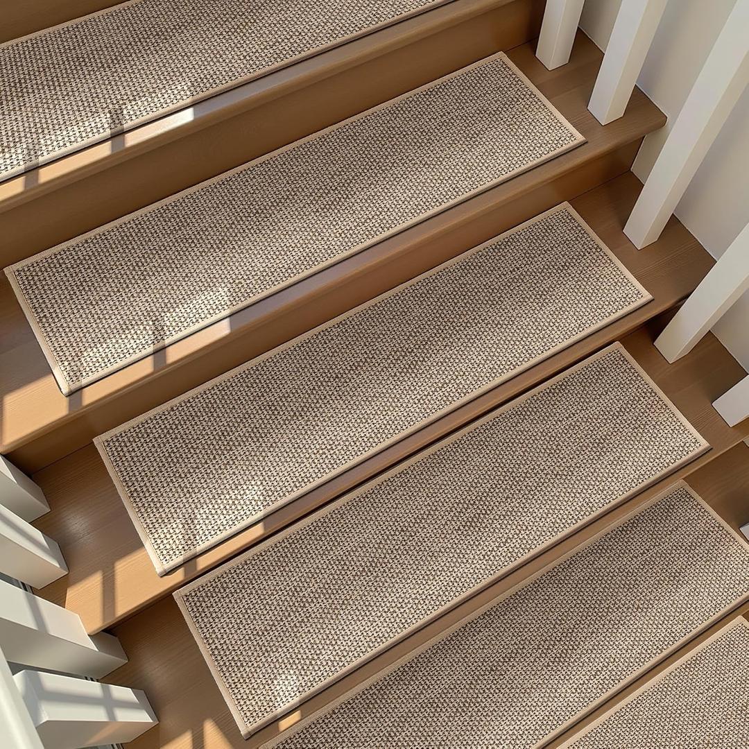 Deerly Linen Stair Treads Non Slip 15pcs Stair Runner for Wooden Steps Peel and Stick Carpet Treads Indoor Staircase Covers Mat with Self-Adhesive Backing for Pets and Kids 8"X30" Beige