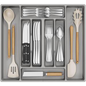 Lifewit Silverware Organizer, Plastic Kitchen Utensil Drawer Tray, Cutlery Flatware Storage Holder for Spoons Forks Knives, 20 x 16"/ 52 x 42cm, 8 Compartment, Gray