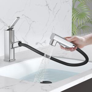 MIAOHUI Pull Out Single Hole Bathroom Faucet, 3 Spray Mode Single Handle Bathroom Faucets for Sink 1 Hole, Bathroom Sink Faucet with Pull Down Sprayer, Vanity Faucet with Fountain Mode, Chrome