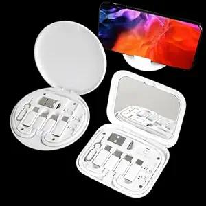 evron USB Adapter Multi Charging Cable Case 2pc Set, Micro USB Cable Gadgets Box with Phone Kickstand, USB C to Micro USB, Type C to Lightning & SIM Card Pin (1Pc White Disc+1Pc White Mirror)
