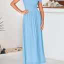 MASCOMODA Women Off The Shoulder Mesh Maxi Dress Bodycon Ruched Formal Sleeveless Pleated Cocktail Wedding Guest Long Dresses (Blue, L)