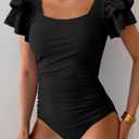 Eomenie Women's Tummy Control One Piece Swimsuit Ruffle Square Neck Bathing Suit Ruched Cutout Back Slimming Swimwear (Black, XL)