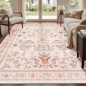 Pink Rug 8x10, Washable Boho Floral Botanical Animal Area Rug with Non Slip Backing Design,Indoor Soft Low Pile Carpet for Bedroom, Living Room, Dining Room, Farmhouse, Playroom
