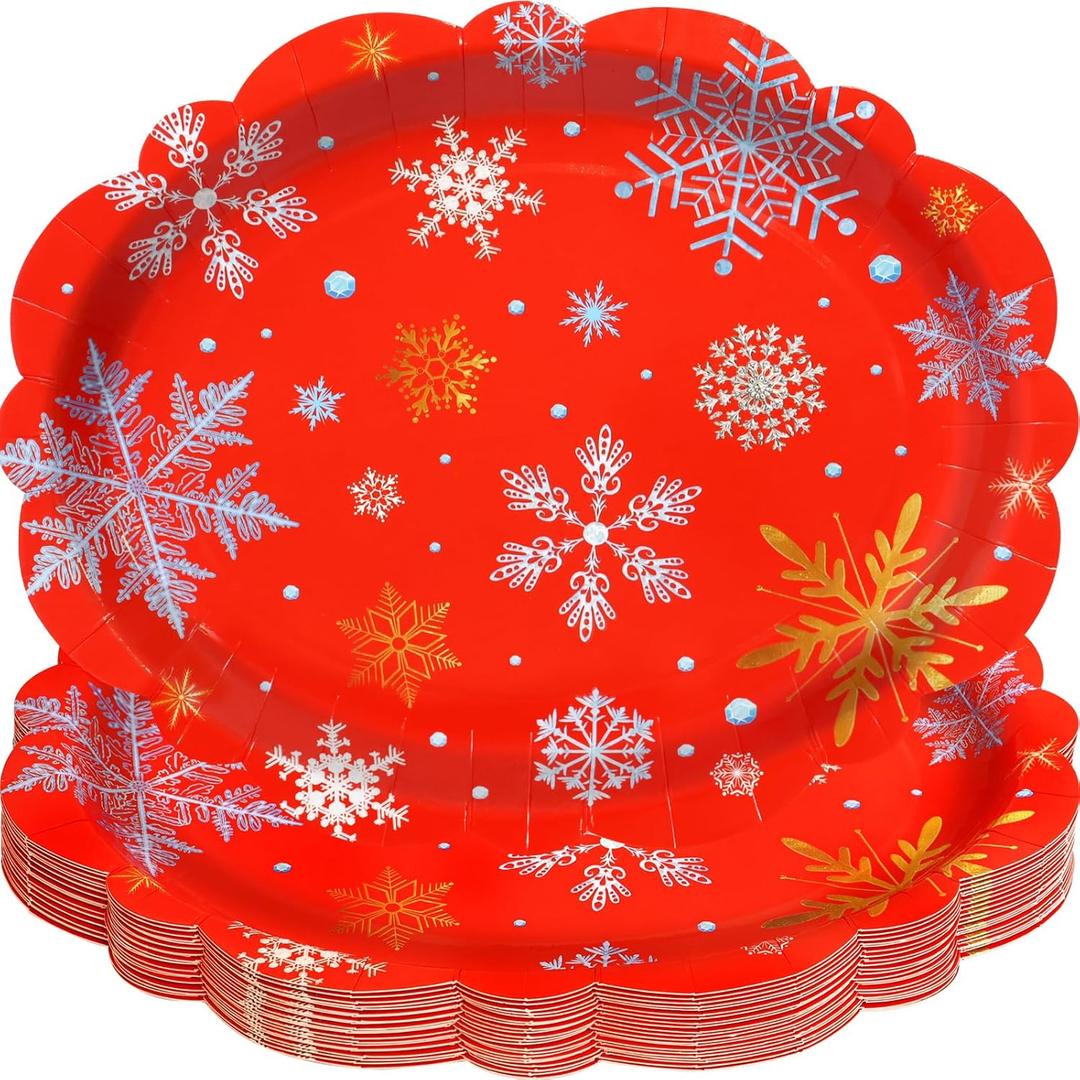 2 x Treasure Cove Christmas Snowflake Oval Paper Plates Large Disposable Red Christmas Plates Winter Snowflake Platters Tableware Decor for Xmas Holiday New Year Party Supplies 24Pcs 10" x 12"