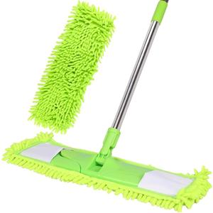 Dust Mop for Floor Cleaning with 2 Washable Chenille Pads and Extendable 58” Long Handle, Dry Wet Flat Mop with Scouring Pad for Hardwood, Laminate, Tile, Marble (Green)