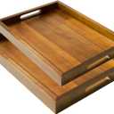 2 Sizes Acacia Wood Serving Tray with Handles, 17x13 & 16x12 inch Rectangular Ottoman Trays, Decorative Wooden Tray for Food, Drinks, Coffee Table, Living Room, Kitchen, Brown, 2 Pack