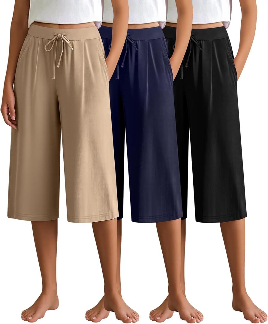 3 Pack Women's Capri Pants, Casual Wide Leg Yoga Pants High Waist Drawstring Cropped Lounge Trousers with Pockets (X-Large, Black, Navy, Khaki)