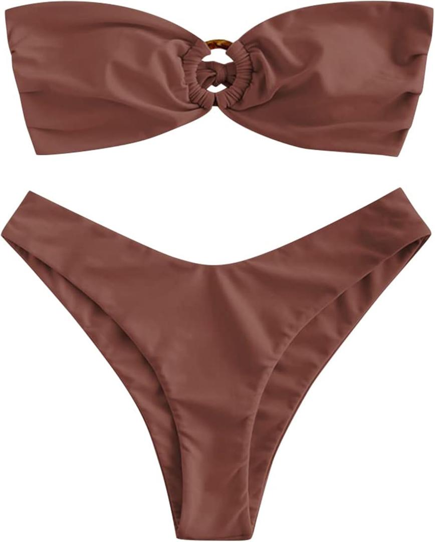 ZAFUL Women's Bandeau Bikini O Ring Strapless Tie Back High Cut Two Piece Swimsuit Bathing Suits,large