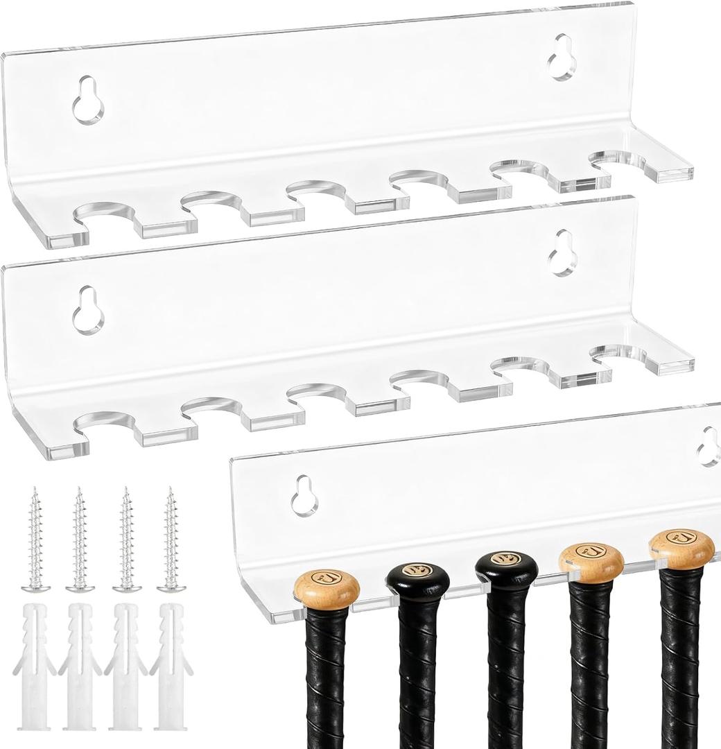 Threehoney 2 Pcs Mini Baseball Bat Holder, Acrylic Clear Baseball Bat Hanger Holder 9.1 x 2.25 x 2 Inch with Top Diameter 0.7-0.8 Inch, 6 Items Display Rack Wall Mount for Sport Souvenir, Collector
