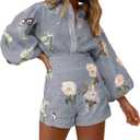 Molilove Womens 2 Piece Outfit Hawaiian Long Sleeve Button Down Shirt Shorts Tracksuit Lounge Set Shorts Set (X-Large, Grey)