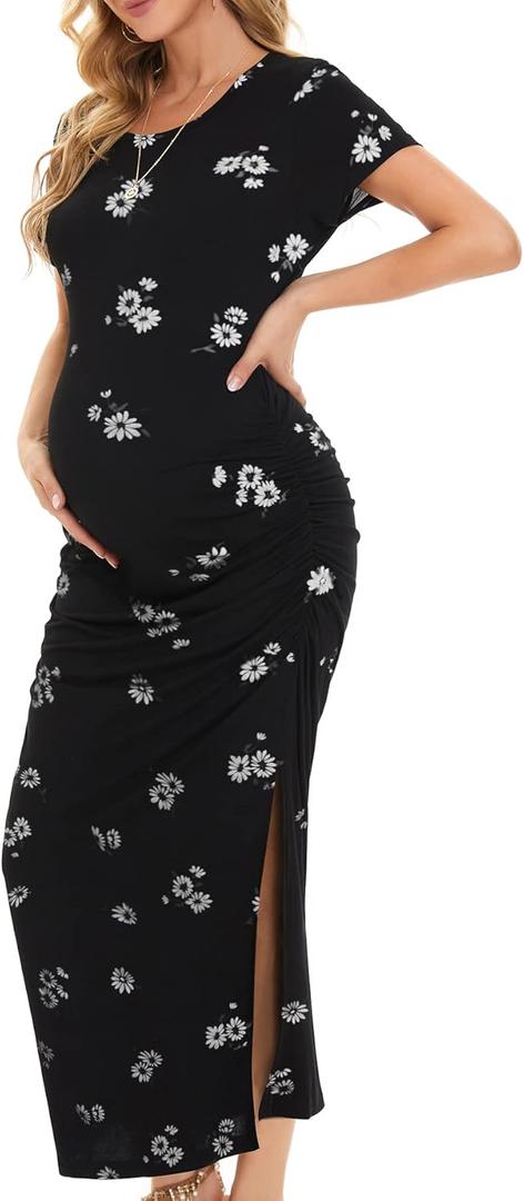 Smallshow Women's Split Long Maternity Dress Short Sleeve Ruched Pregnancy Clothes (Medium)