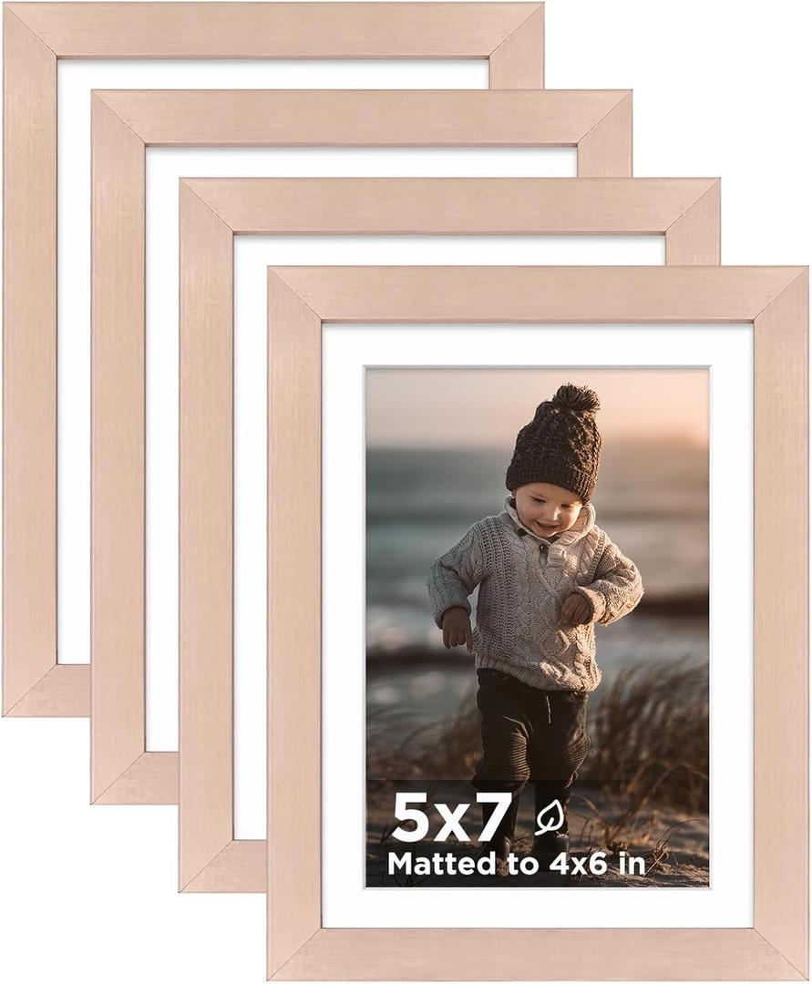 KINLINK 5x7 Picture Frame Rose Gold Set of 4, Wooden Photo Frames Matted 4x6 with Plexiglass for 4x6 with Mat or 5x7 without Mat for Table and Wall Display