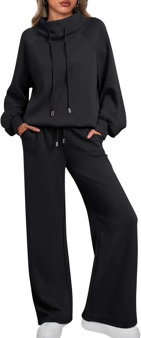 AUTOMET Lounge Sets for Women Sweatsuits 2 Piece Outfits 2025 Fall Drawstring Sweatshirt Wide Leg Sweatpants Tracksuit (Large, Black)