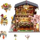 SYW DIY Miniature Dollhouse Kit with Furniture and LED LightJapanese Sushi Shop Wooden Dollhouse, 1:24 Scale Creative Doll House Toys for Teen