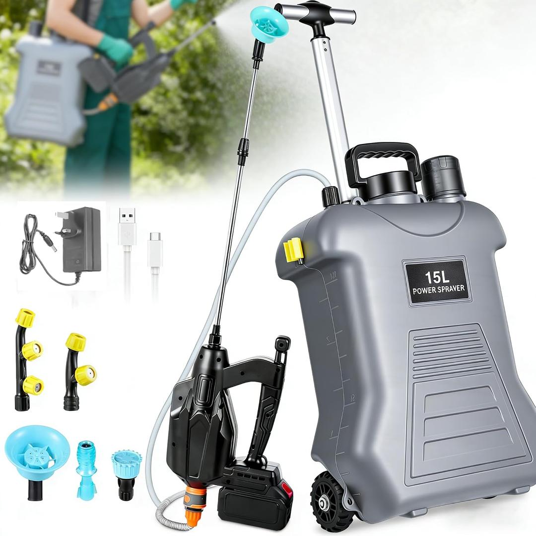 15L Knapsack Sprayer with Trolley – 21V Battery Electric Sprayer, Digital Display, 3 Pressures, Telescopic Lance, 5 Nozzles – Great for Weeding, Patio & Lawn