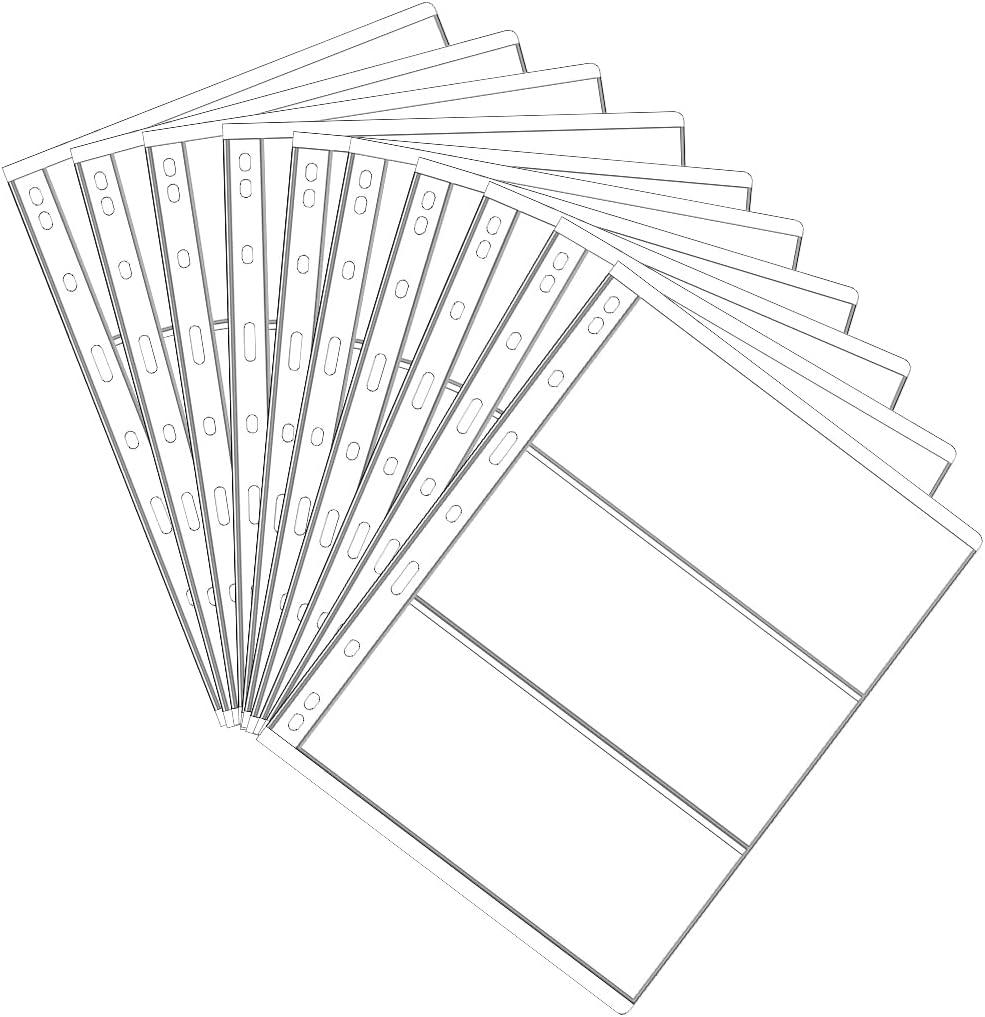 3 Pockets Paper Money Collection Supplies Pages, 10 Sheets Money Stamp Page Holders Currency Collecting Book Album Sleeves for Standard 9-Hole Coin Collector Binder (7.67 x 3.34 inch Each pocket)