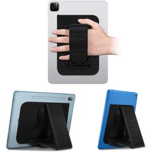 Fintie Universal Tablet Hand Strap Holder - [Dual Stand Supports] Detachable Padded Hook & Loop Fastening Handle Grip with Adhesive Patch for iPad/Galaxy Tab and All 7-11" Tablets, Black