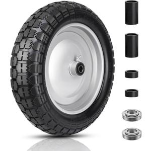 4.80/4.00-8 Tire and Wheel, 14.5" Flat Free Wheelbarrow Tire, 5/8" 3/4" Bearings Universal Solid Replacement Tires, 3" -7" Centered Hub for Hand Truck, Garden Cart, Includes Spacer Kit (Silver 1Pack)