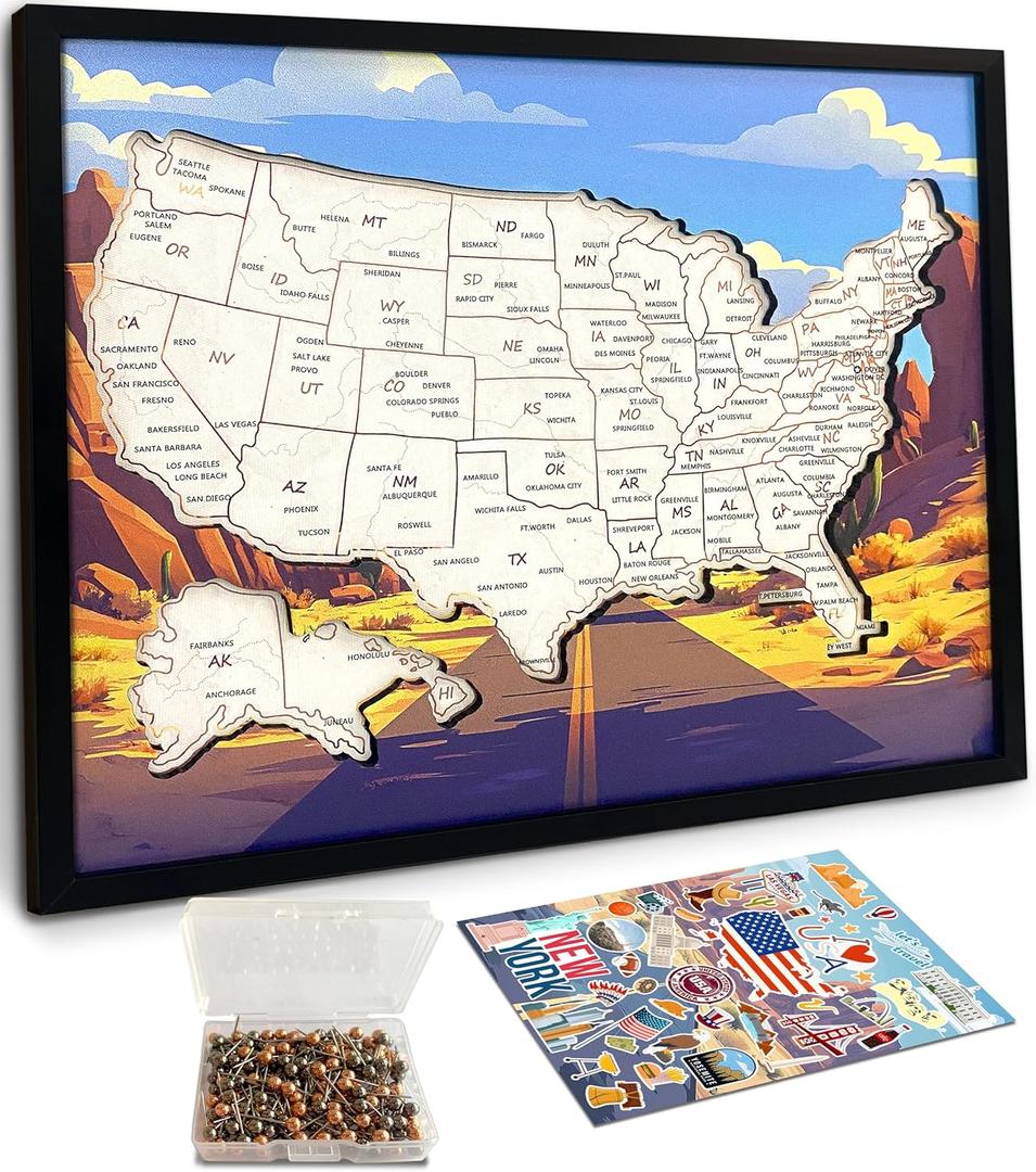 flinelife Cork Push Pin Usa Travel Map With Major Cities, Medium Size, 12x10, Map of United States, Perfect For Couples and Families Gift