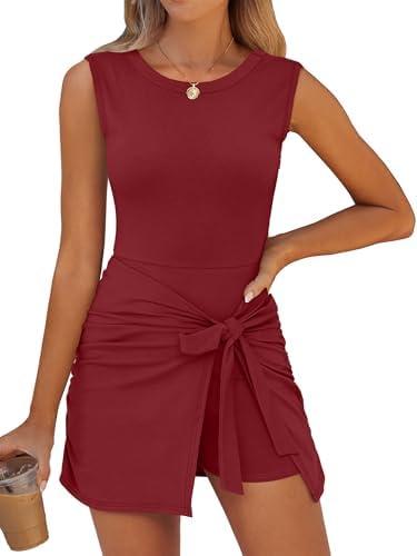 Caracilia Women Summer Sleeveless Bodycon Tie Cinched Waist Romper Skort Mini Dress Built in Shorts Night Out Vacation Dress, S