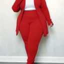 Women's Plus Size 2 Piece Outfits Open Front Blazer and High Waisted Long Pant Suit Set Business Loungewear (Red, XL)