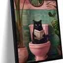 Framed Vintage Cat Canvas Wall Art, Funny Pink Animal Reading Books Painting Picture Print, Cute Kitten Lovers Aesthetic Wall Decor for Nursery Girls Room Bedroom Kids Room 16''L x 12''W