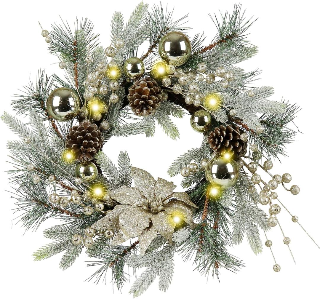 Zavothy Christmas Wreath 20 Inch Christmas Decorations Wreath with Lights,Balls,Pine Cones,Golden Berries,Pine Needle and Artificial Flower for Outdoor Indoor Christmas Decorations