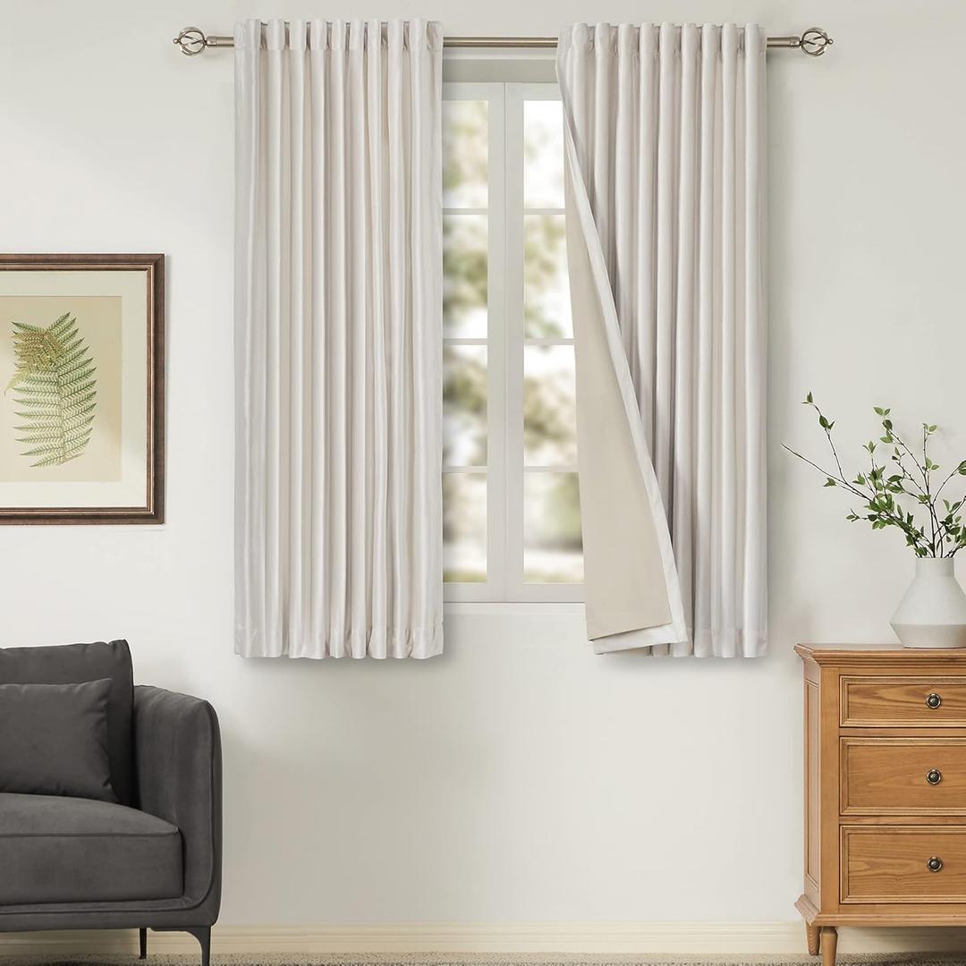 100% Blackout Ivory Off White Velvet Curtains 63 inch Long for Living Room,Set of 2 Panels Liner Rod Pocket Back Tab Thermal Window Drapes Room Darkening Heavy Decorative Curtains for Bedroom