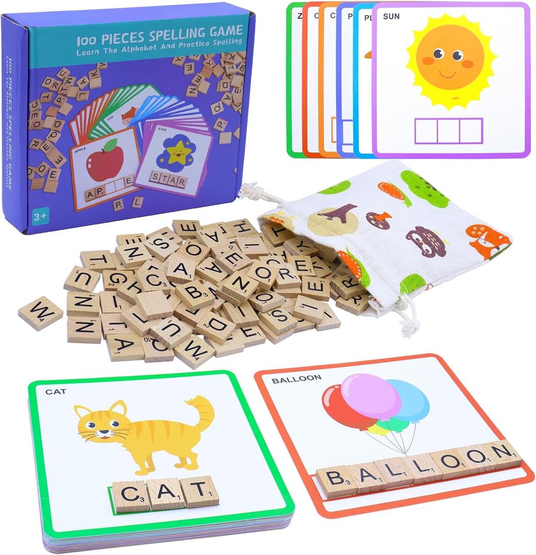 Humerry Spelling Games with 30 Double-Sided Flash Cards, 100Pcs Wooden Letters Sight Words Matching Game, Alphabet ABC Learning Educational Toys for Kids Ages 4-8