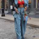 KANSOON Women Denim Set Jean 2 Piece Outfit Cargo Zip Long Sleeve Crop Jacket Wide Leg Pant Drawstring Loose Fit (Blue, S)