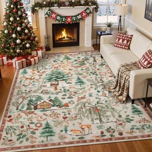 Lahome Christmas 8x10 Area Rug, Washable Soft Large Rug for Living Room, Non Slip Low Pile Bedroom Rug Xmas Tree Indoor Floor Carpet for Dining Room Winter Holiday Decor, Beige