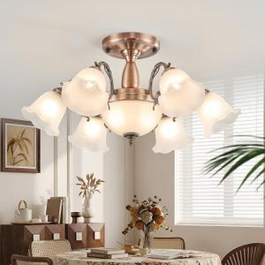 Mid-Century Modern Ceiling Light Red Chrome Nickel Semi Flush Mount Ceiling Lamp with Flower Frosted Glass Shades Chandelier Farmhouse Ceiling Lighting for Bedroom Kitchen Island Dining Room Entryway, 28" × 28" × 15"
