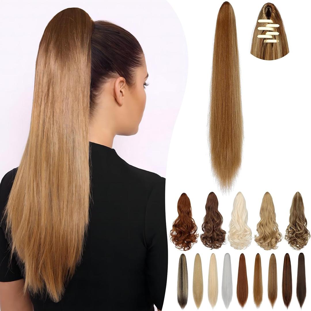 Ponytail Extension Claw 18" 20" Long Curly Wavy Straight Clip in Natural Looking Synthetic Hair Extension Ponytail Hairpiece for Women Ash Blonde mix Ginger Brown