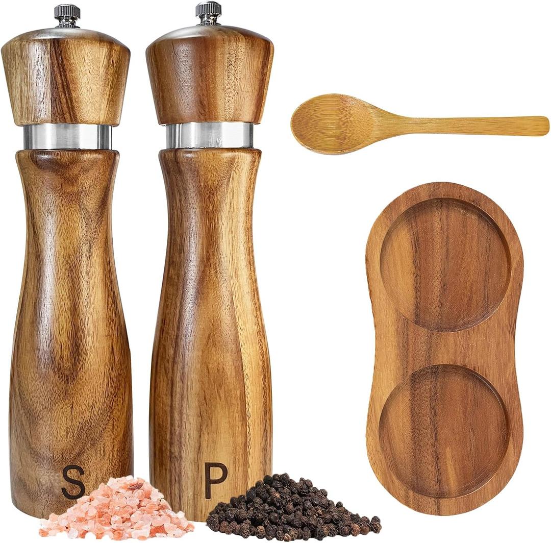 Wooden Salt and Pepper Grinder Set:Pepper Grinder Manual,Adjustable Coarseness,Crafted of Acacia Wood with Ceramic/Stainless Steel Core|Along with Salt&Pepper Mill Tray,Spoon, 8in, 2pack