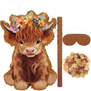 Shappy 4 Pcs Cow Piata Highland Cow Birthday Decorations Piata Themed Party Supplies with Blindfold Stick Confetti Farm Supplies for Theme Birthday Party Girls Boys Kids 15.75 x 11.22 Inch(Brown)