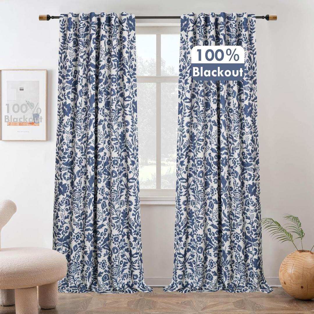 DriftAway Julia Watercolor Blackout Room Darkening Lined Thermal Insulated Energy Saving Window Curtains 2 Layers 2 Panels Each Size 52 Inch by 84 Inch Navy Blue Beige Linen